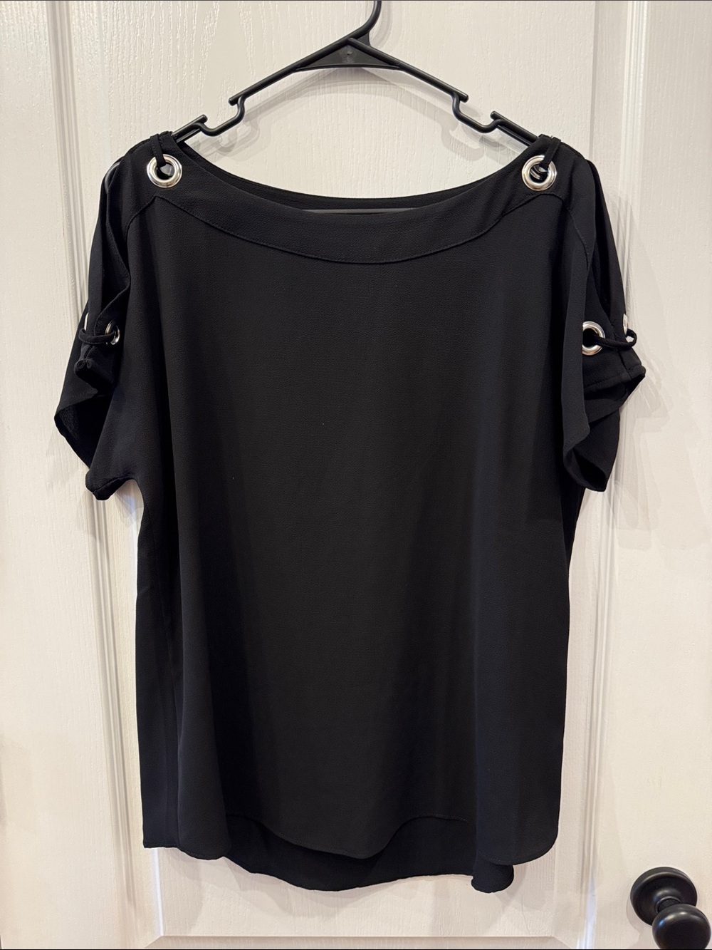 Spense Black Short-Sleeve Top with Silver Grommet Accents